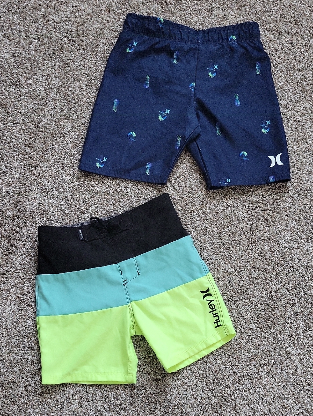 Hurley Navy Pineapple Print Shorts & Lime Aqua Colorblock Swim Shorts